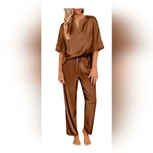EKOUAER Elegant Brown Satin Pajama Set, Size Small, NWT